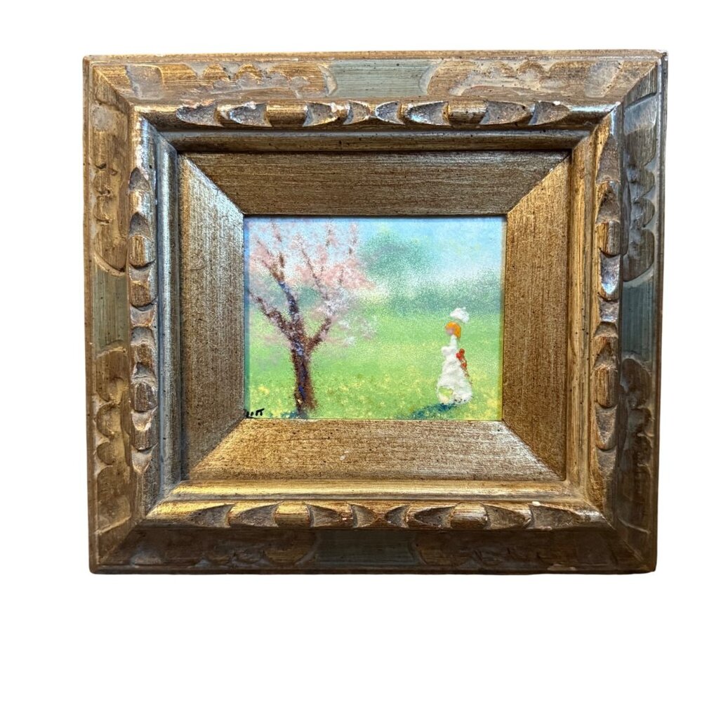 Vintage Handmade Copper Enameled Art Tree Girl Landscape Framed Signed